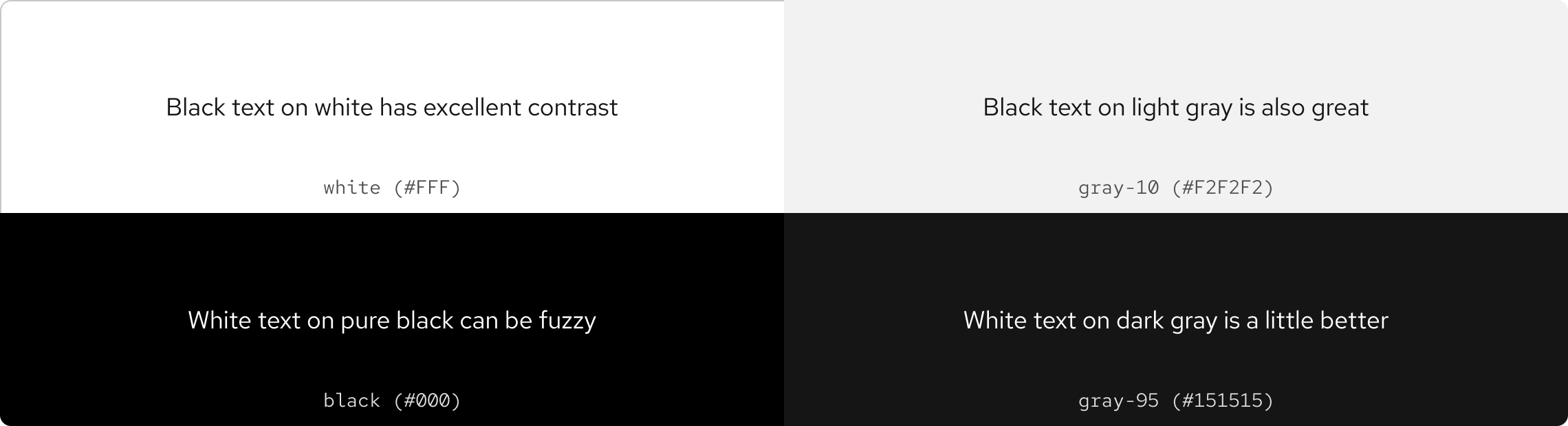 Two examples of dark text on light backgrounds and two examples of light text on dark backgrounds.